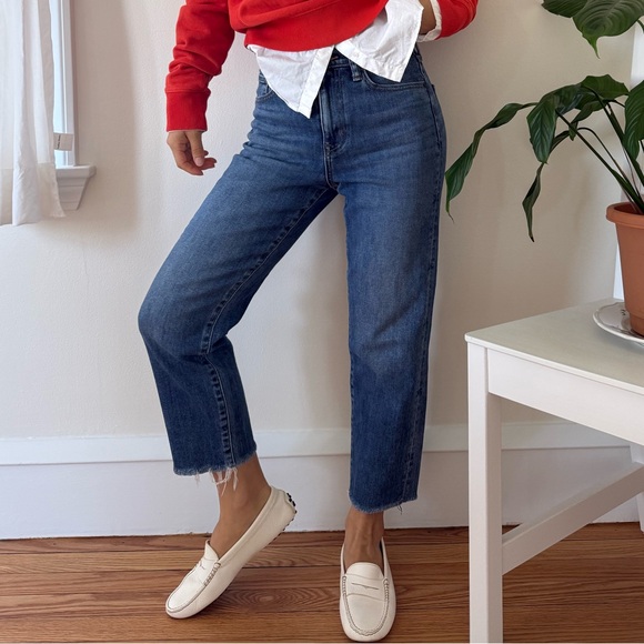 Uniqlo Cotton High Rise Straight Legs Raw Hem Ankle Denim Jeans Size 25 Petite - Picture 1 of 13